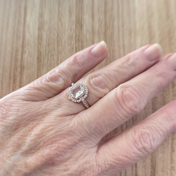 Vintage Radiant Floral White Sapphire Halo Ring - Rose Gold Plated - Picture 4 of 5